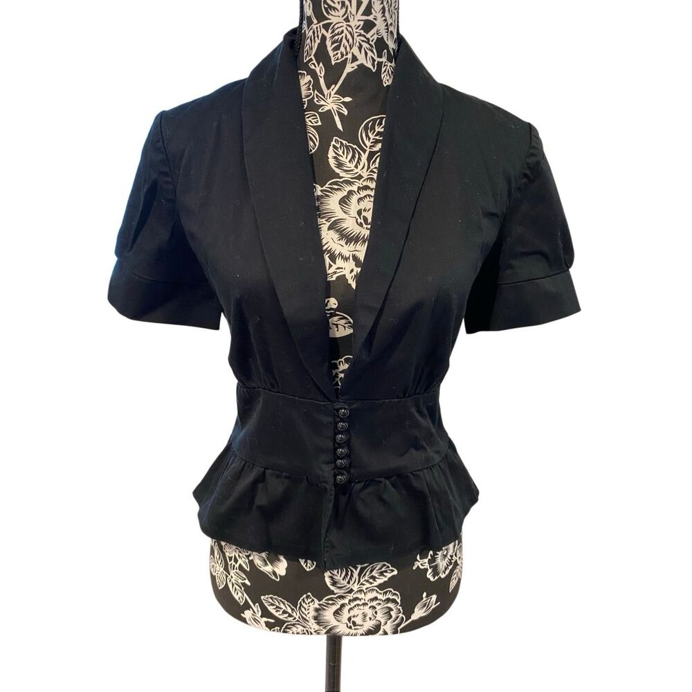 My Michelle Black Peplum Button Front Career Blouse Stretch Top Size 5 6 Office